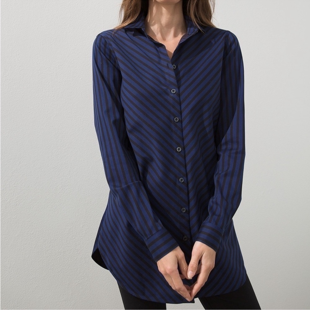 CHICOS No Iron Stretch Imperial Stripe Tunic Button Down Dress Shirt 2 (12)